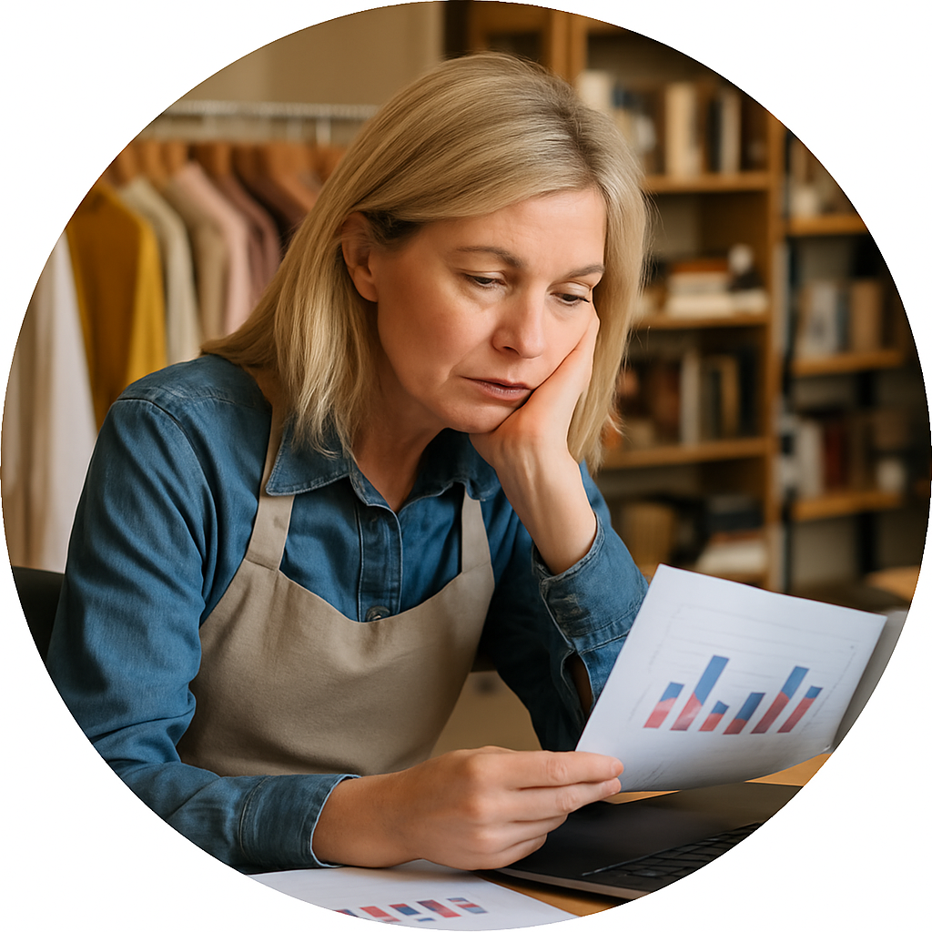 Retail owner reviewing sales and stock data