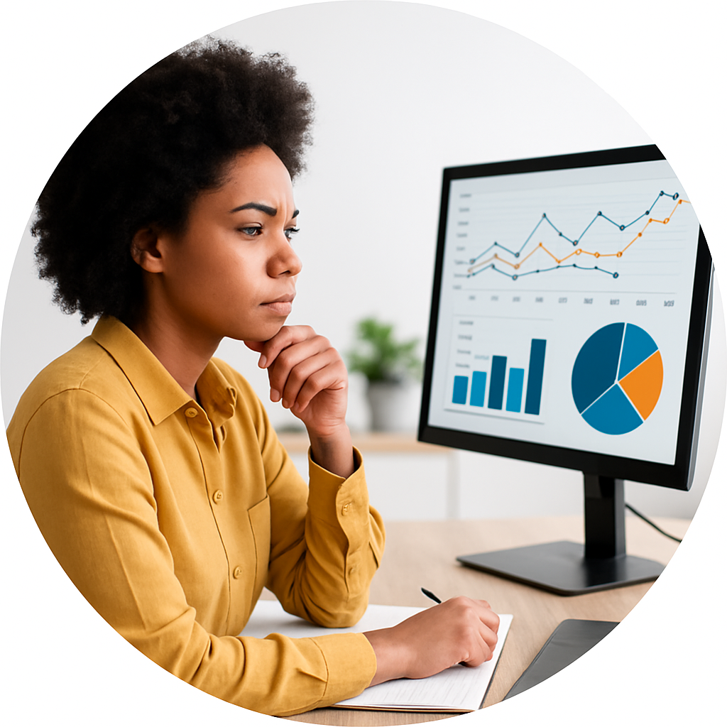 Startup founder reviewing financial metrics on screen